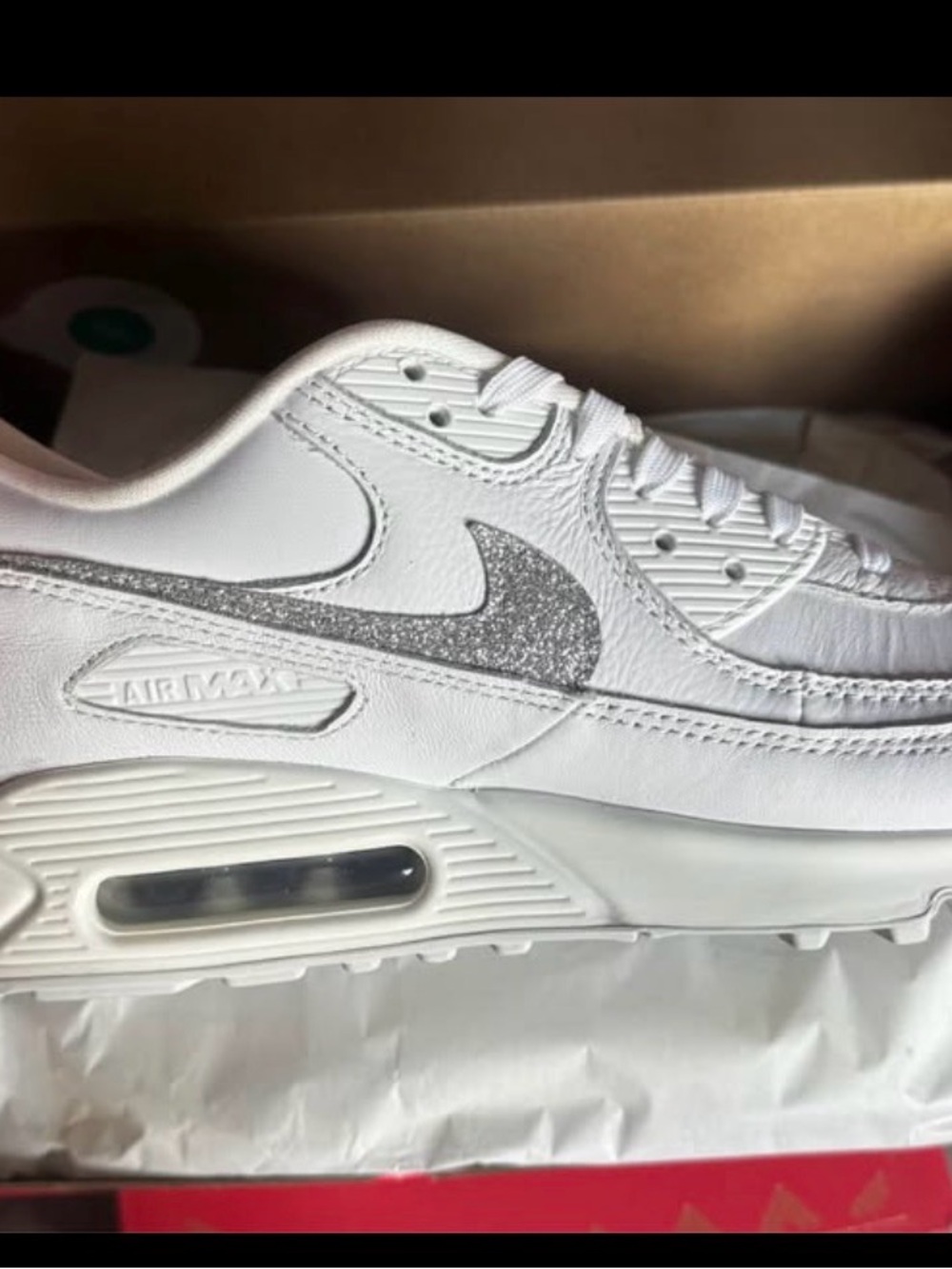 Nike Women's White Leather Sneakers with Silver Glitter Swoosh